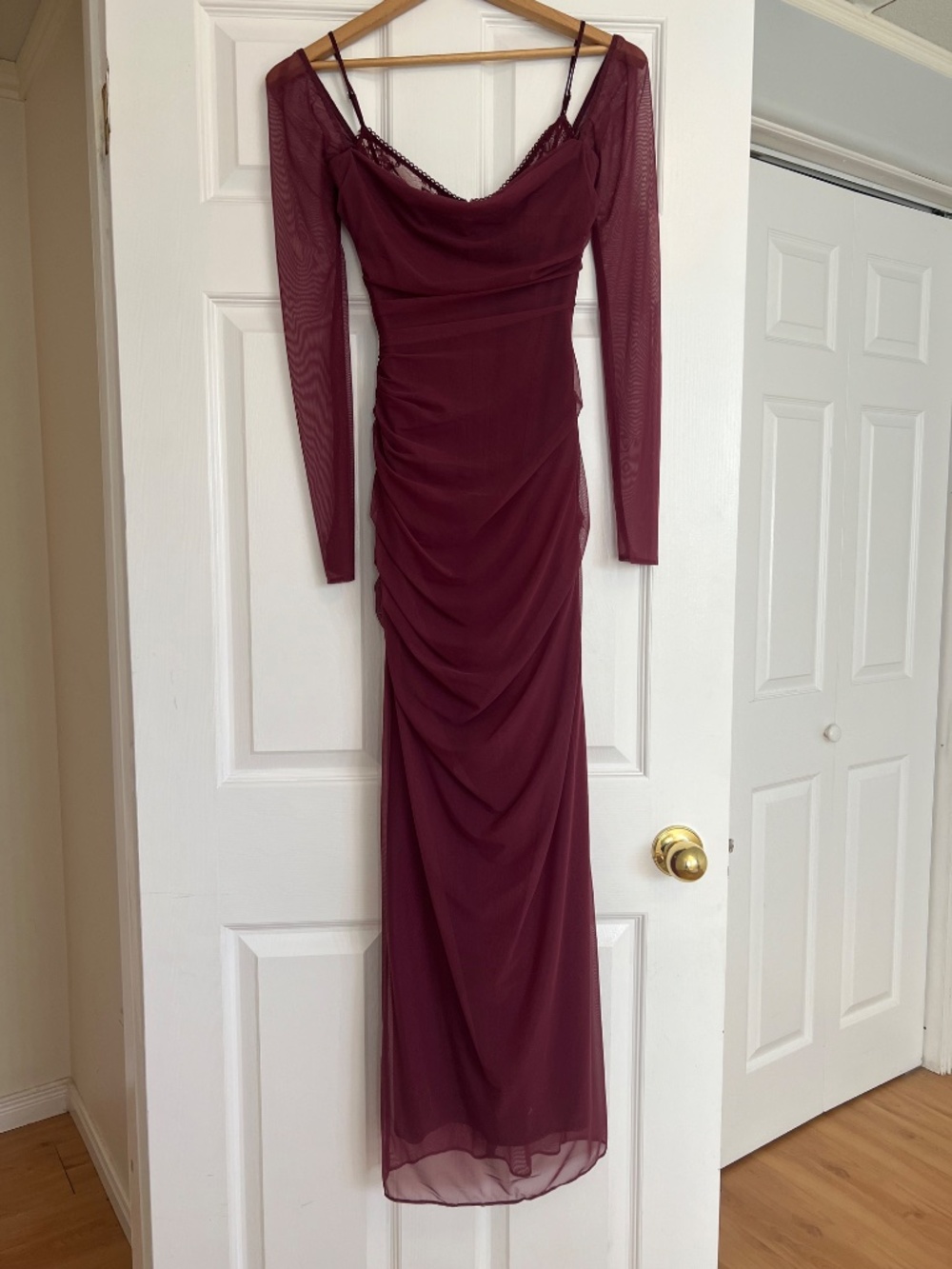 House of CB Burgundy Long Sleeve Mesh Gown - Picture 8 of 12